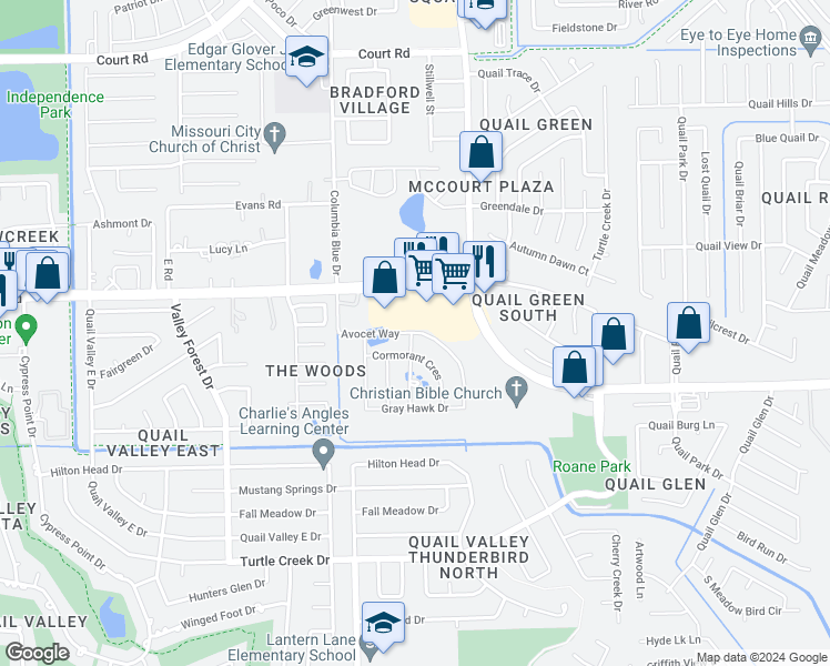 map of restaurants, bars, coffee shops, grocery stores, and more near 1623 Avocet Way in Missouri City