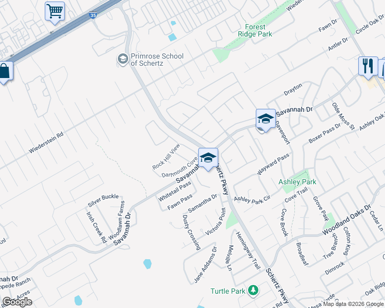 map of restaurants, bars, coffee shops, grocery stores, and more near 3609 Augusta Glade in Schertz