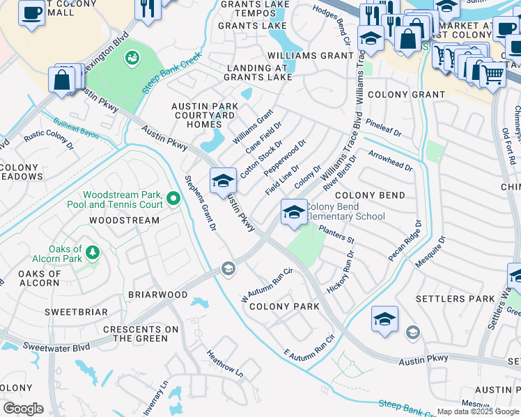 map of restaurants, bars, coffee shops, grocery stores, and more near 2930 Colony Drive in Sugar Land