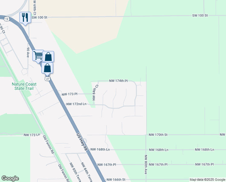 map of restaurants, bars, coffee shops, grocery stores, and more near 17340 Northwest 82nd Terrace in Fanning Springs