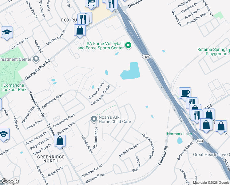 map of restaurants, bars, coffee shops, grocery stores, and more near 6942 Raintree Path in San Antonio