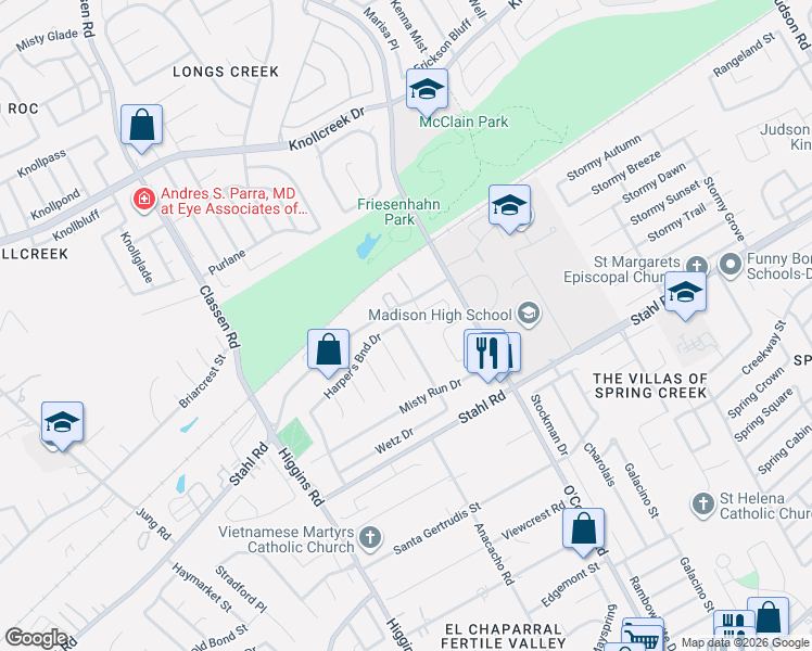 map of restaurants, bars, coffee shops, grocery stores, and more near 15038 Misty Bend in San Antonio