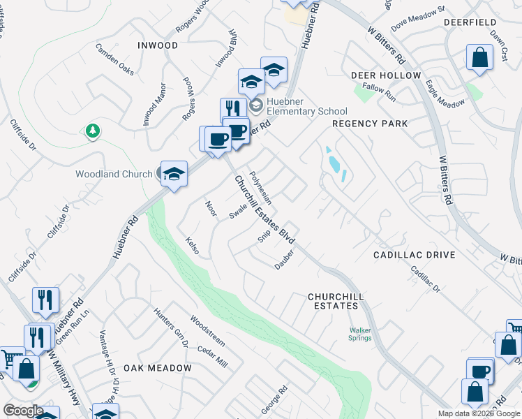 map of restaurants, bars, coffee shops, grocery stores, and more near 14651 Triple Crown Lane in San Antonio