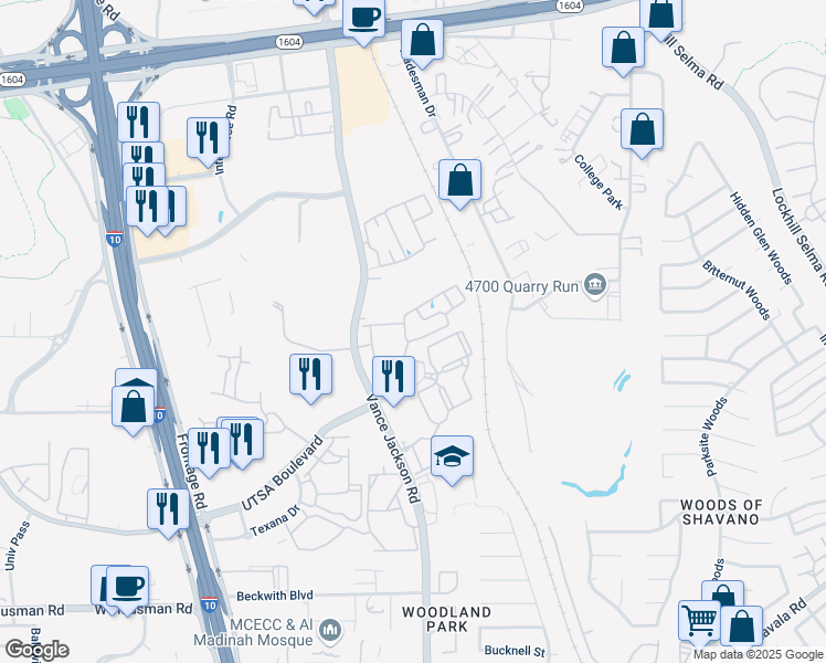 map of restaurants, bars, coffee shops, grocery stores, and more near 14614 Vance Jackson Road in San Antonio