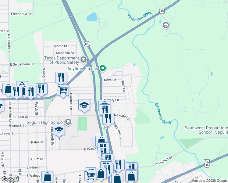 map of restaurants, bars, coffee shops, grocery stores, and more near 1415 Mockingbird Lane in Seguin