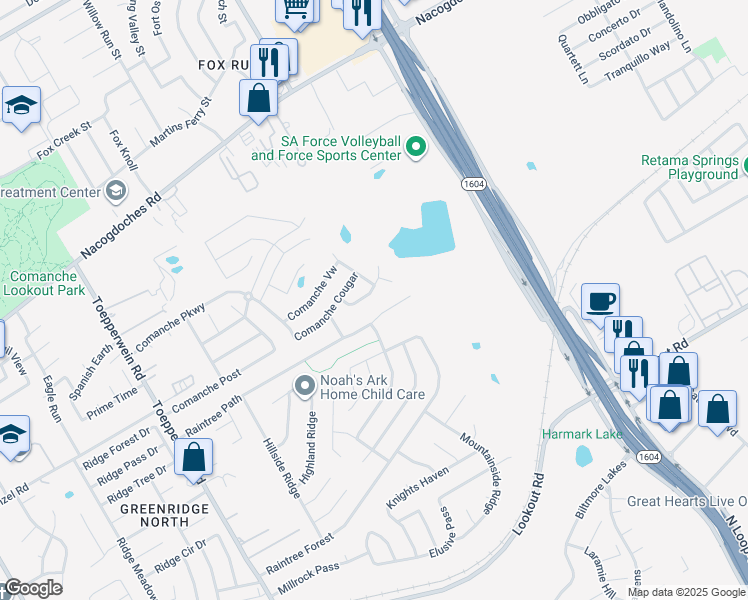 map of restaurants, bars, coffee shops, grocery stores, and more near 6942 Raintree Path in San Antonio