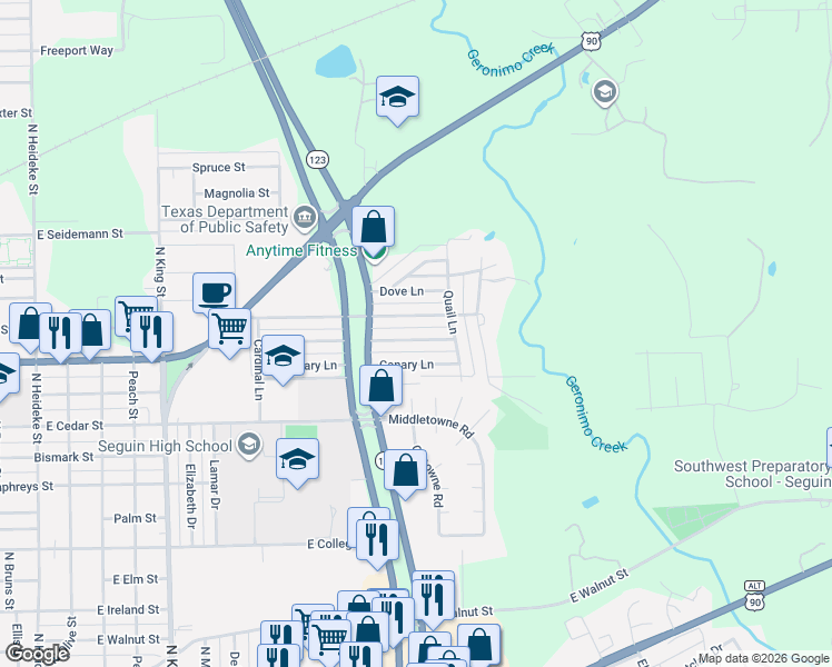 map of restaurants, bars, coffee shops, grocery stores, and more near 1415 Mockingbird Lane in Seguin
