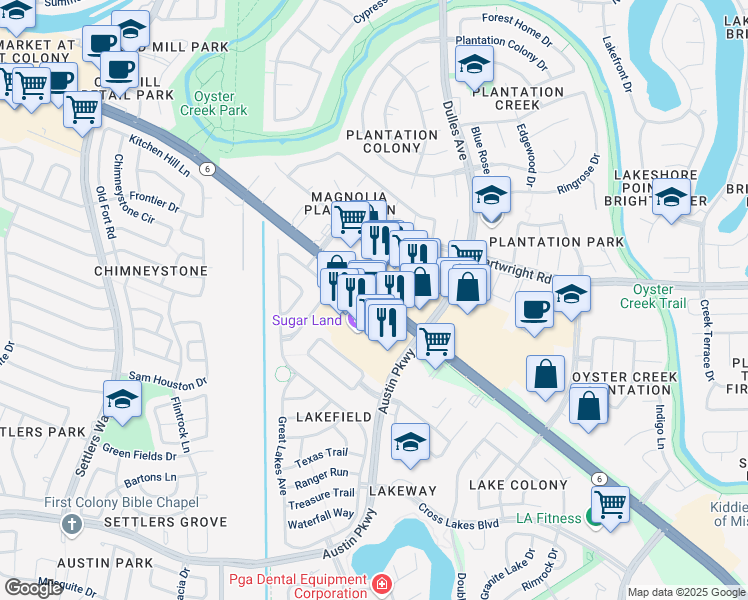 map of restaurants, bars, coffee shops, grocery stores, and more near 4514 Highway 6 in Sugar Land