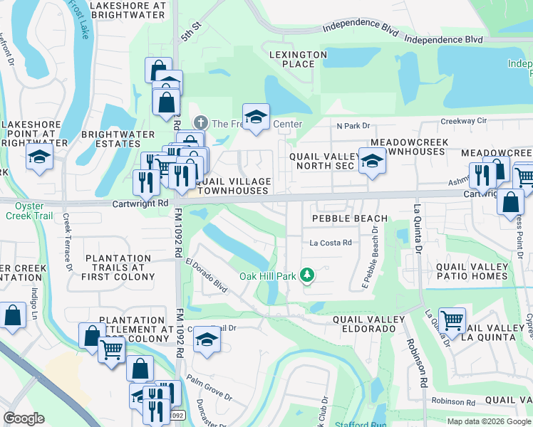 map of restaurants, bars, coffee shops, grocery stores, and more near 3419 Palm Desert Lane in Missouri City