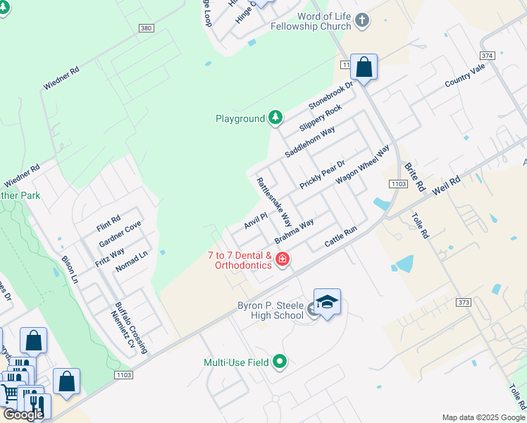 map of restaurants, bars, coffee shops, grocery stores, and more near 133 Steer Lane in Cibolo