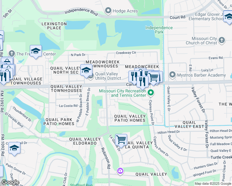 map of restaurants, bars, coffee shops, grocery stores, and more near 2911 Nottingham Lane in Missouri City