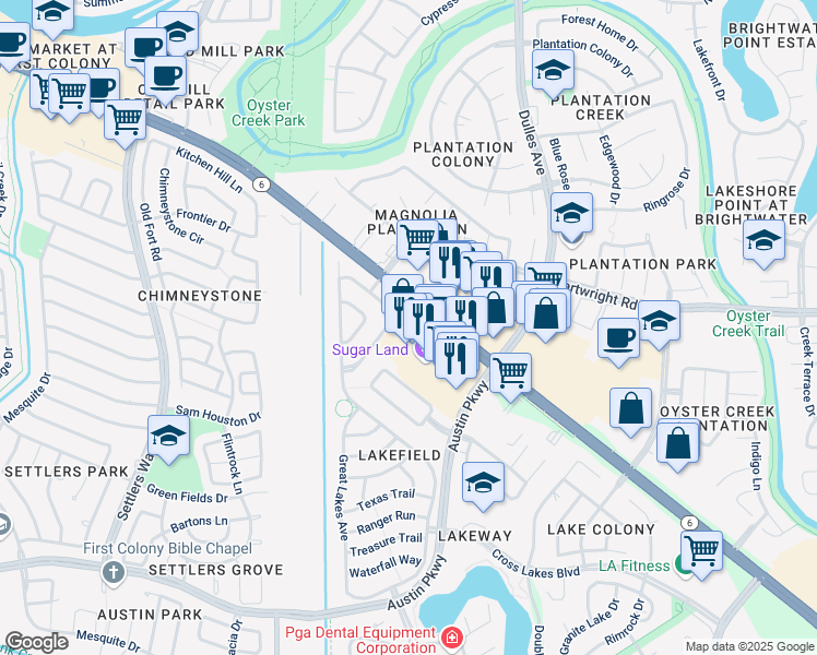 map of restaurants, bars, coffee shops, grocery stores, and more near 4514 Highway 6 in Sugar Land