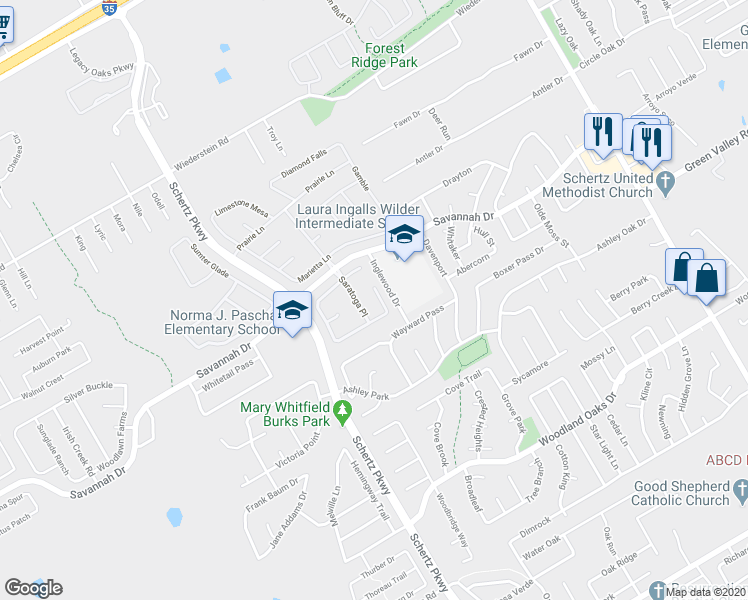 map of restaurants, bars, coffee shops, grocery stores, and more near 3520 Hamilton Place in Schertz