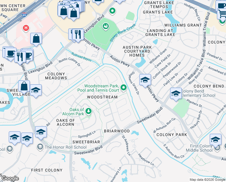 map of restaurants, bars, coffee shops, grocery stores, and more near 3323 Sturbridge Lane in Sugar Land