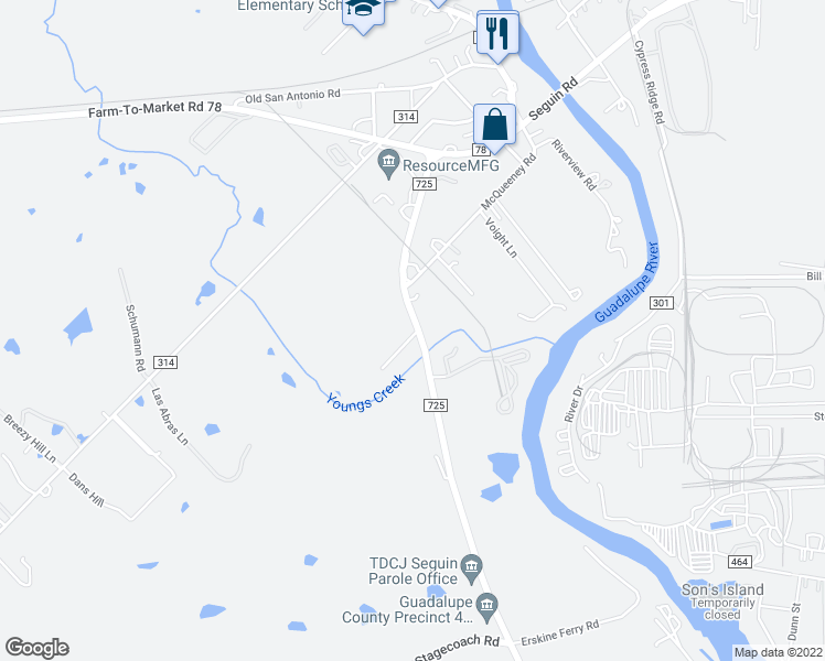 map of restaurants, bars, coffee shops, grocery stores, and more near 106 Martinez Lane in McQueeney