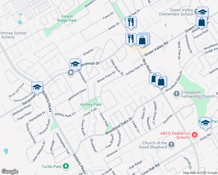 map of restaurants, bars, coffee shops, grocery stores, and more near 1012 Bridgemont Place in Schertz