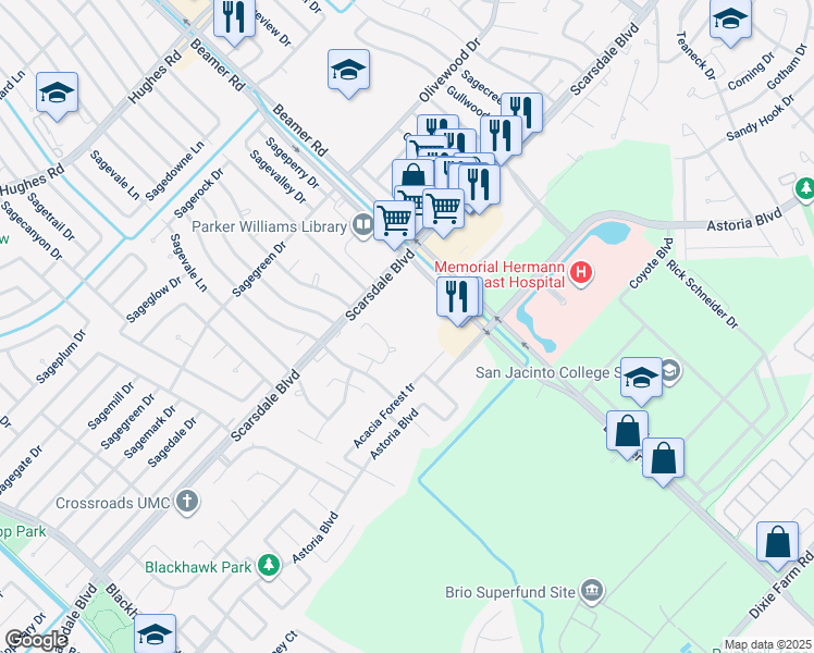 map of restaurants, bars, coffee shops, grocery stores, and more near 10702 Nicoles Place Trail in Houston