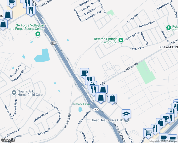 map of restaurants, bars, coffee shops, grocery stores, and more near 7319 North Loop 1604 East in Live Oak