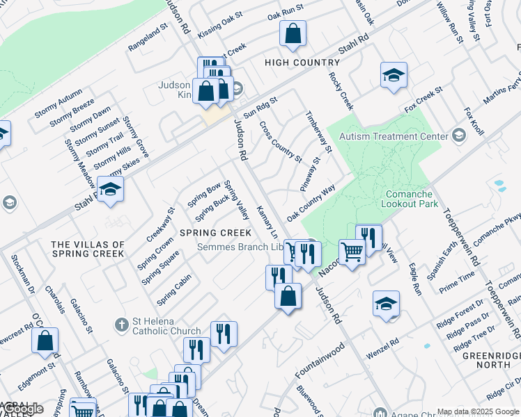 map of restaurants, bars, coffee shops, grocery stores, and more near 15127 Kamary Lane in San Antonio