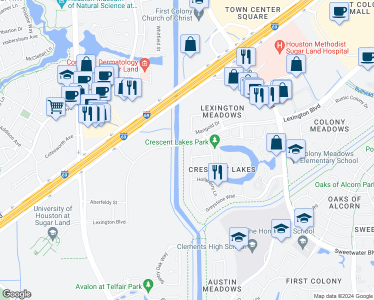 map of restaurants, bars, coffee shops, grocery stores, and more near 4711 April Meadow Way in Sugar Land