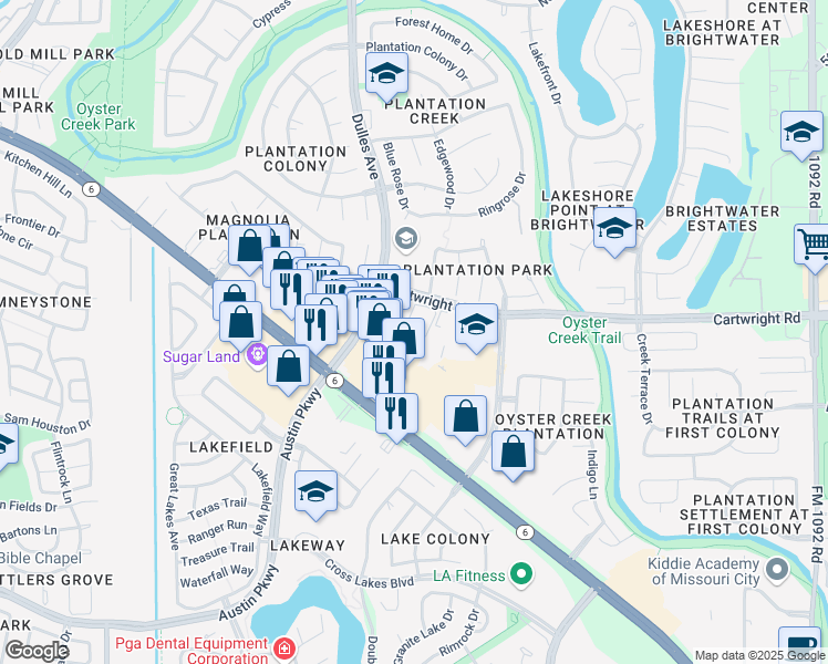 map of restaurants, bars, coffee shops, grocery stores, and more near 4717 Cartwright Road in Missouri City