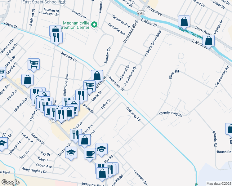 map of restaurants, bars, coffee shops, grocery stores, and more near 299 Lyles St in Houma