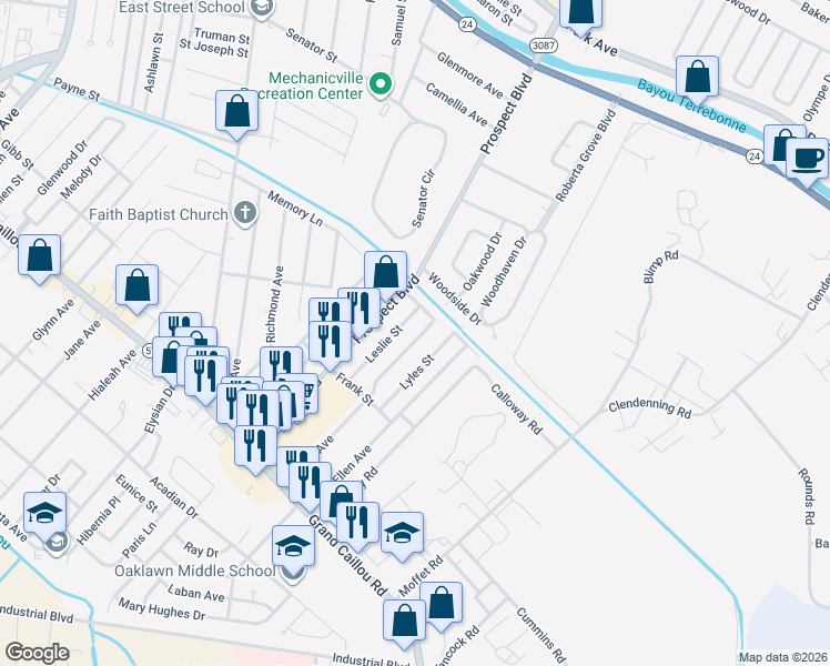 map of restaurants, bars, coffee shops, grocery stores, and more near 231 Evelyn Avenue in Houma