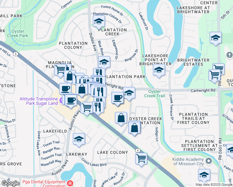 map of restaurants, bars, coffee shops, grocery stores, and more near 4717 Cartwright Rd in Missouri City
