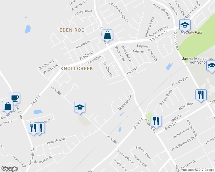 map of restaurants, bars, coffee shops, grocery stores, and more near 4302 Morgans Run in San Antonio