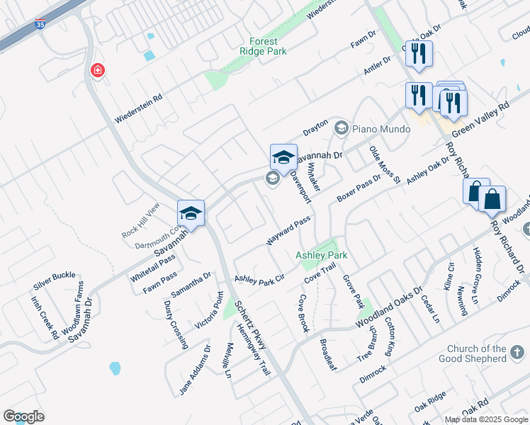 map of restaurants, bars, coffee shops, grocery stores, and more near 3501 Hamilton Place in Schertz