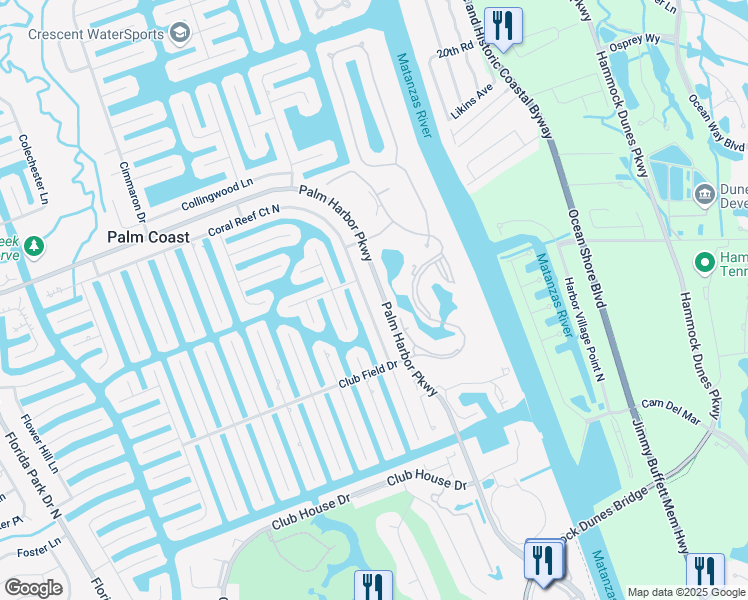 map of restaurants, bars, coffee shops, grocery stores, and more near 24 Coral Reef Court North in Palm Coast
