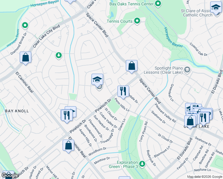 map of restaurants, bars, coffee shops, grocery stores, and more near 14800 Penn Hills Lane in Houston