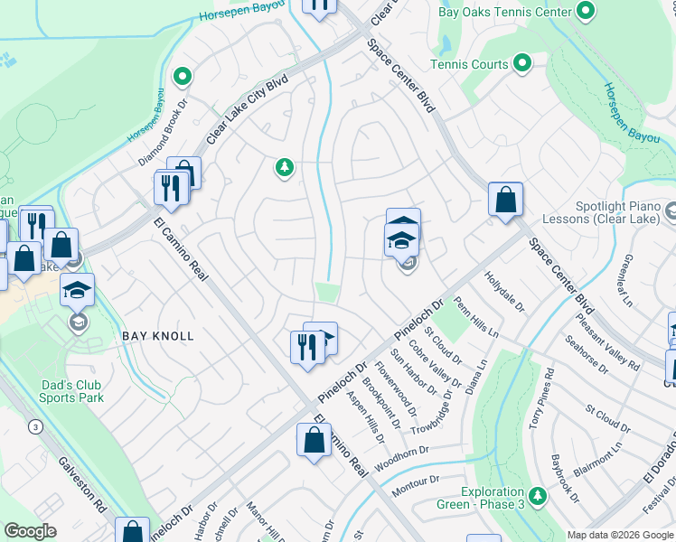 map of restaurants, bars, coffee shops, grocery stores, and more near 14635 Oak Chase Drive in Houston