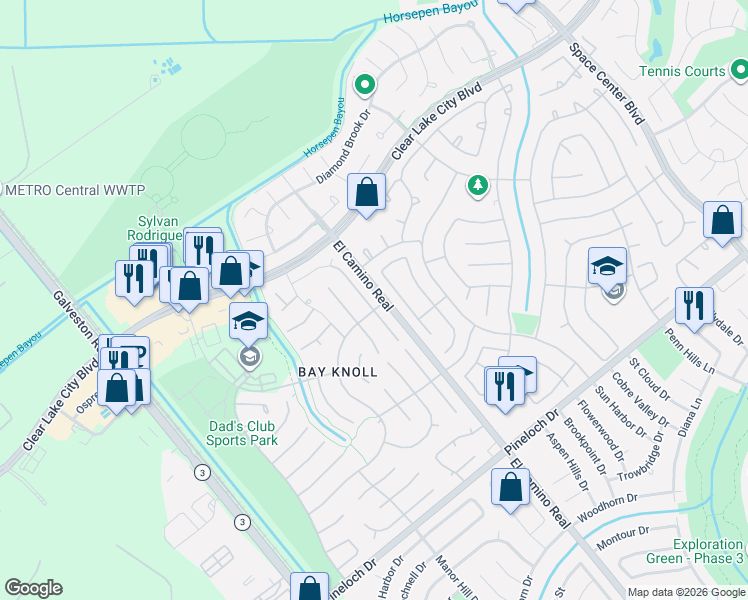 map of restaurants, bars, coffee shops, grocery stores, and more near 14422 Redwood Bend Trail in Houston