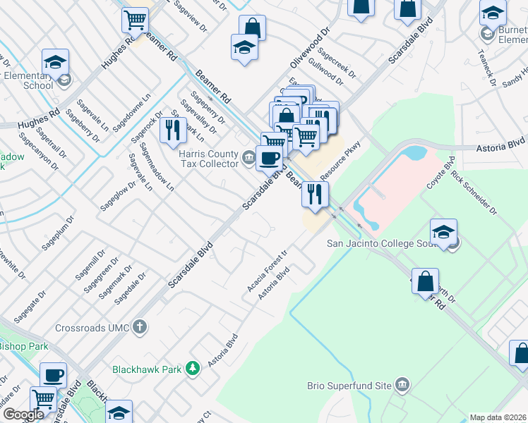 map of restaurants, bars, coffee shops, grocery stores, and more near 10606 Penny Park Trail in Houston