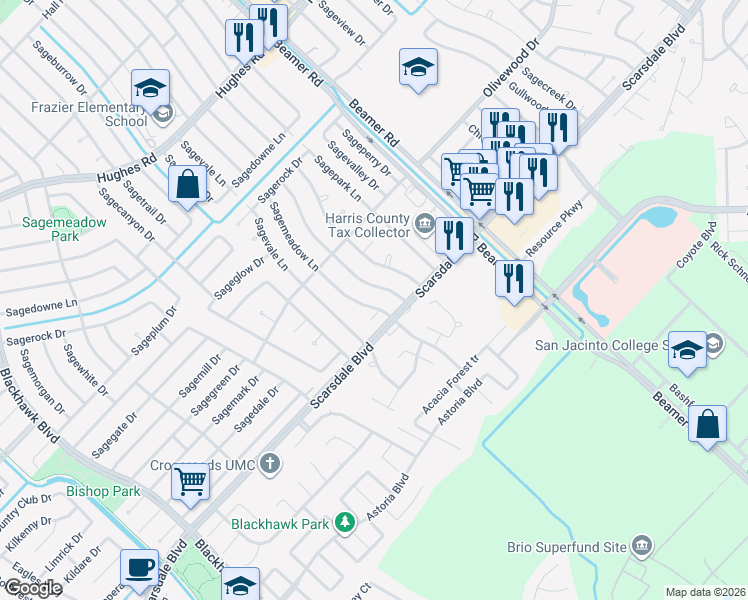map of restaurants, bars, coffee shops, grocery stores, and more near 10507 Sagemeadow Court in Houston
