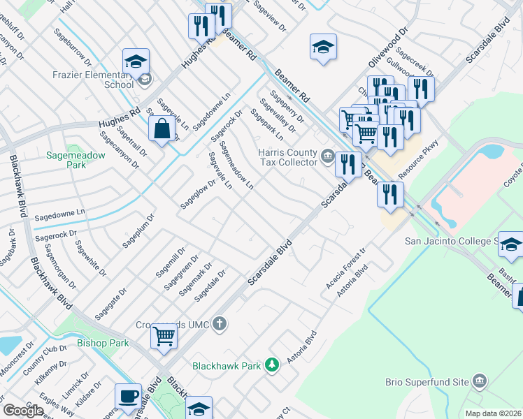 map of restaurants, bars, coffee shops, grocery stores, and more near 11634 Sagevale Lane in Houston