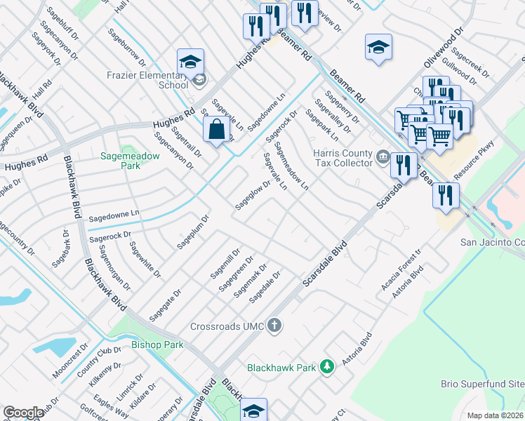 map of restaurants, bars, coffee shops, grocery stores, and more near 11506 Sagegreen Court in Houston
