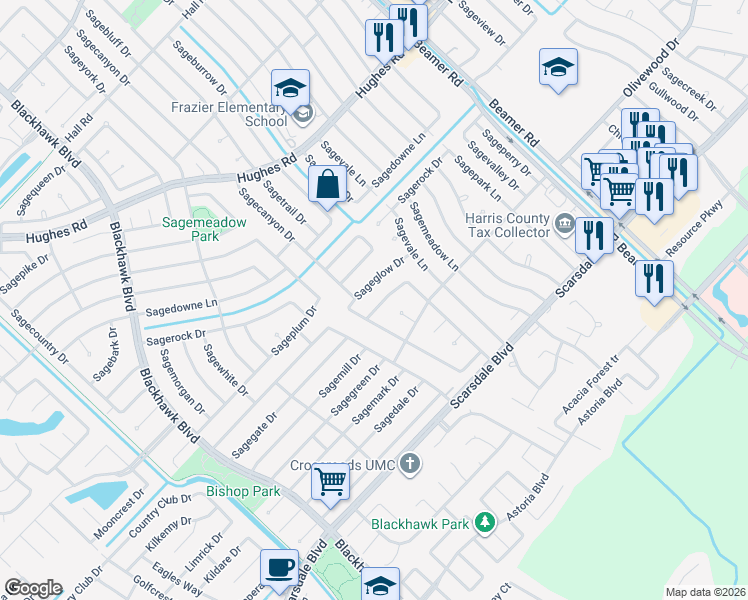 map of restaurants, bars, coffee shops, grocery stores, and more near 10303 Sagegate Drive in Houston