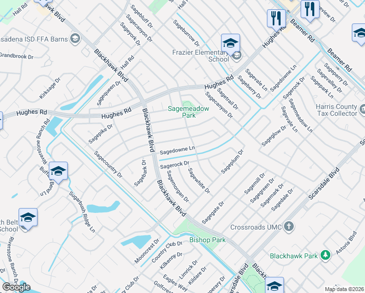 map of restaurants, bars, coffee shops, grocery stores, and more near 10014 Sagedowne Lane in Houston