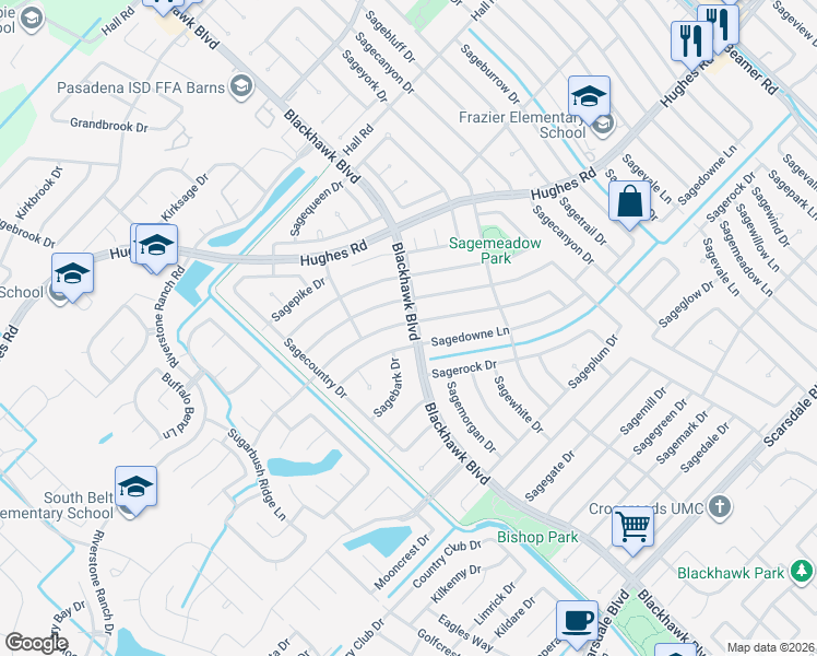 map of restaurants, bars, coffee shops, grocery stores, and more near 9859 Sagedowne Lane in Houston