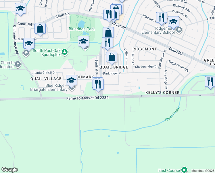 map of restaurants, bars, coffee shops, grocery stores, and more near 16955 South Post Oak Road in Houston