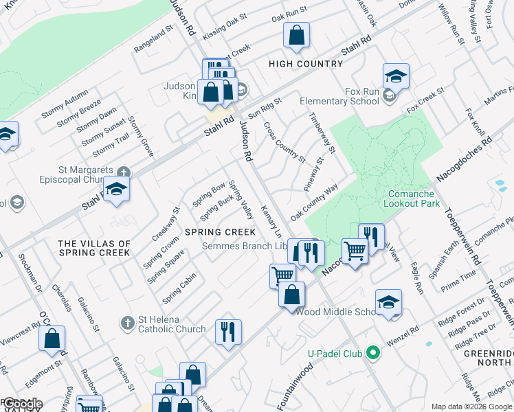 map of restaurants, bars, coffee shops, grocery stores, and more near 15127 Kamary Lane in San Antonio