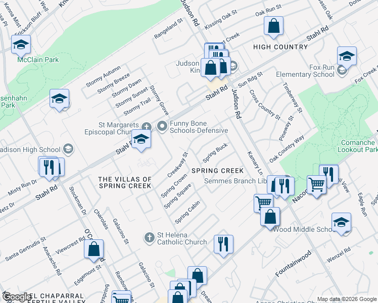 map of restaurants, bars, coffee shops, grocery stores, and more near 15247 Spring Corner in San Antonio