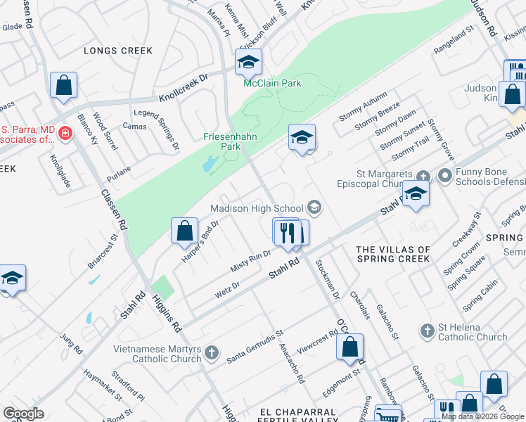 map of restaurants, bars, coffee shops, grocery stores, and more near 15413 O'Connor Road in San Antonio