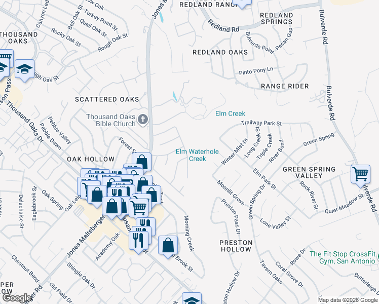 map of restaurants, bars, coffee shops, grocery stores, and more near 15239 Fall Place Drive in San Antonio
