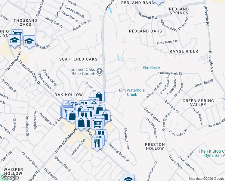 map of restaurants, bars, coffee shops, grocery stores, and more near 15215 Fall Manor Drive in San Antonio
