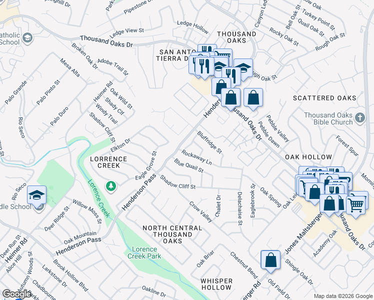 map of restaurants, bars, coffee shops, grocery stores, and more near 2418 Rockaway Lane in San Antonio