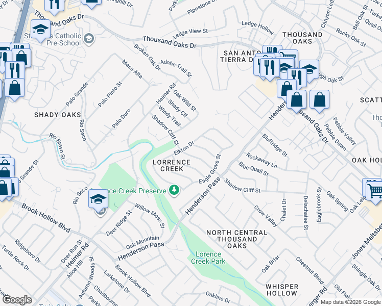 map of restaurants, bars, coffee shops, grocery stores, and more near 2215 Rippling Rill Street in San Antonio