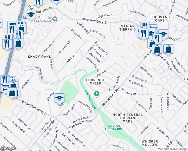 map of restaurants, bars, coffee shops, grocery stores, and more near 2103 Green Creek Street in San Antonio
